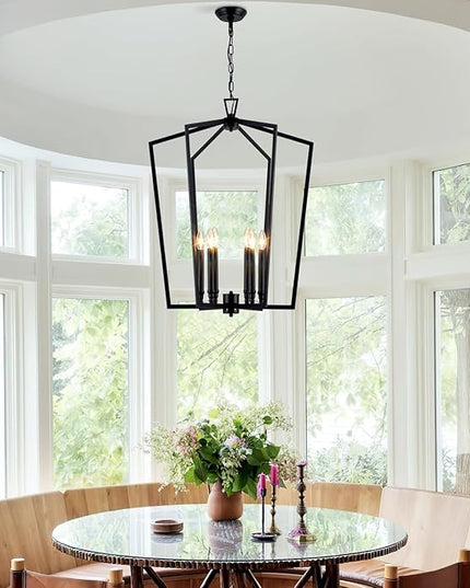 Vezzio Black Chandelier, 6-Light Modern Farmhouse Chandeliers Geometric Industrial Pendant Light Fixture Lantern for Dining Room Foyer Kitchen Island High Ceiling Hallway Entryway, D25 Inch