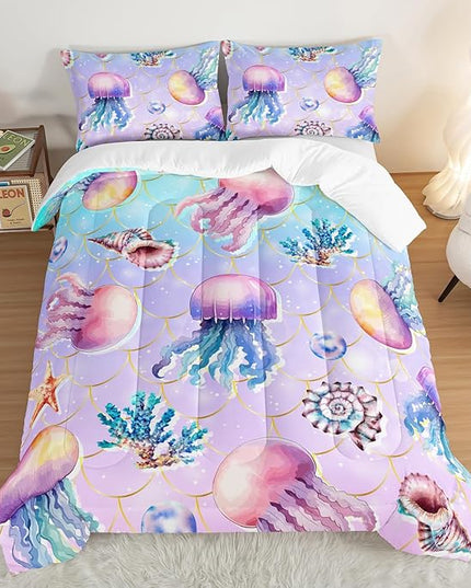 Cute Ocean Comforter Set Kids Bedding King Size,Color Jellyfish Conch Sea Star Print Comforter for Teens Boys Girls Room Decor,Kawaii Beach Bedding Set with 2 Pillowcases.