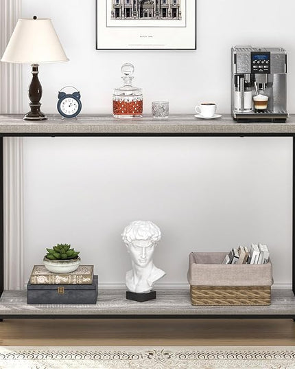 FOLUBAN Industrial Sofa Console Table, Rustic Wood and Metal Entryway Hallway Table for Living Room Entrance, 43.3 Inch Light Grey