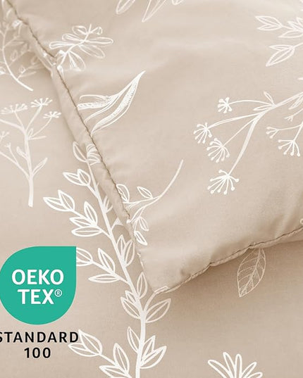 MUXHOMO Beige King Comforter Set, Elegant Floral Print Bed in a Bag 7 Pieces, Ultra Soft & Breathable Reversible Botanical Pattern Bedding Set with Comforter, Sheets, Pillowcases, and Shams