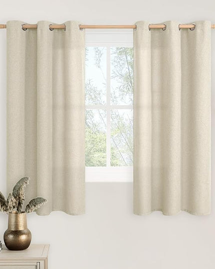 LAMIT Natural Linen Kitchen Curtains 48 inch Length 2 Panels, Linen Textured Light Filtering Curtains Grommet Privacy Burlap Neutral Drapes for Bedroom/Farmhouse, W42 x L48, Natural Beige