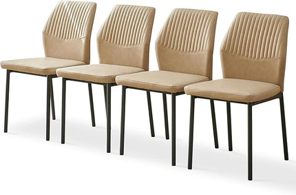 PU Leather Dining Chairs Set of 4, Mid-Century Modern Beige Leather Kitchen Chairs, Armless Dining Room Chairs with Black Metal Legs for Dining Room, Living Room