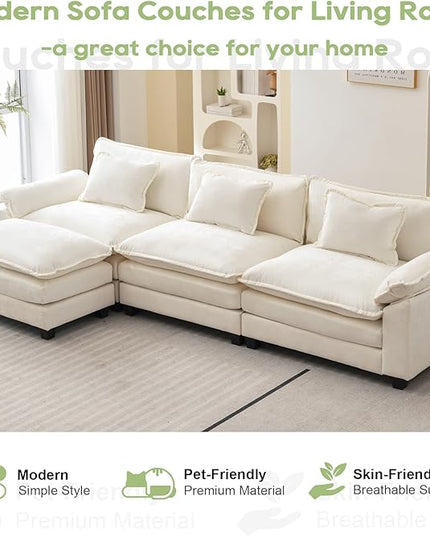 120" Modular Sectional Sofa, Comfy Cloud Couch Sectional Sofa with Ottoman, Chenille Sofa Sleeper Deep Seat Sofa with Throw Pillows for Living Room (Beige White, 120"- L Shape)