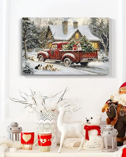 YONICA Christmas Wall Decor Christmas Canvas Wall Art Home Decorations 32x24 Inches - Christmas Pictures Red Truck and Pet Dog s Prints Winter Painting Xmas Artworks for Living Room Bedroom