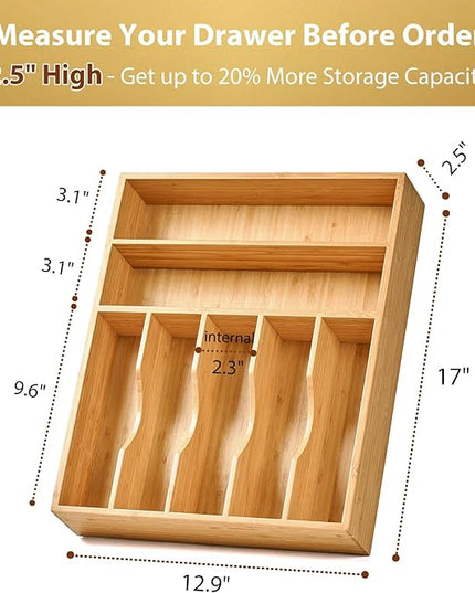 Umilife Bamboo Kitchen Drawer Organizer, 13 Inch Silverware Utensil Tray Holder, Extra Deep Grooved Drawer Divider, 7 Slots Total Bamboo Wood Caddy for Flatware Cutlery Knives, Forks, Spoons
