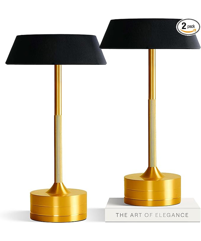 LED Cordless Table Lamp - Rechargeable Light for Home, Bedside, Kitchen - Small Dimmable Tap Lights - Battery Powered Touch Lamp for Desk Wireless - Black and Gold Lamp Shades, IP44, USB Type C Cable