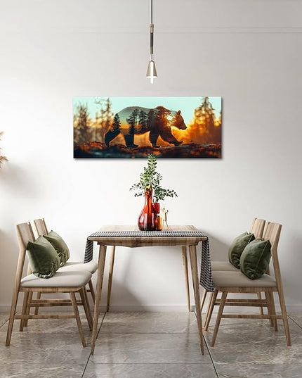 iKNOW FOTO Bear and Forest Canvas Wall Art - Double Exposure Wildlife Photography - Rustic Cabin Decor - Woodland Animal Canvas Prints - Panoramic Pictures for Office, Living Room 20x48