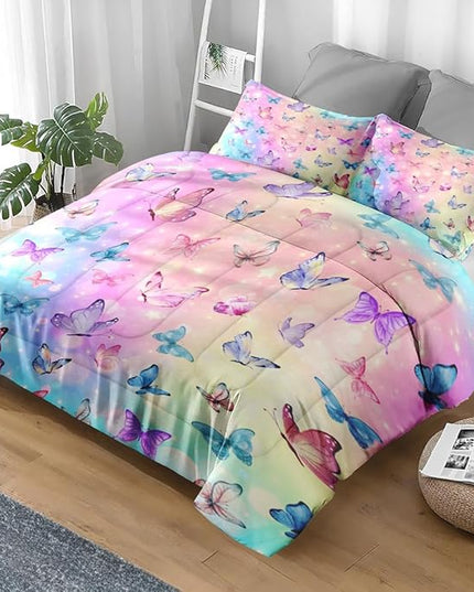 Comforter Set Queen Size, Pink Blue Butterfly Soft 3 Pcs Bedding for Kids and Adults Purple Colorful Rainbow Comforter Set with 2 Pillowcases for Bedroom Bed Decor