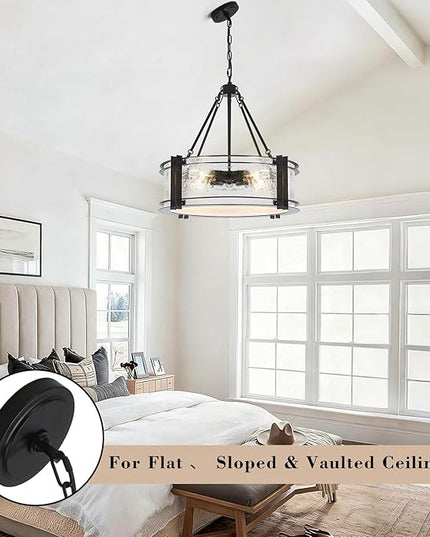4-Light Black Texture Glass Drum Chandelier, 20.5" Modern Luxury Round Light Fixture for Dining Room Bedroom Foyer Living Room Entryway Kitchen