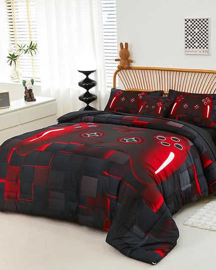 PERFEMET 6-Piece Boys Comforter Set Full Size Game Console Bedding Set for Kids Teen 3D Black and Red Gamepad Gaming Bed in a Bag Matching Sheet Set(Red, Full)