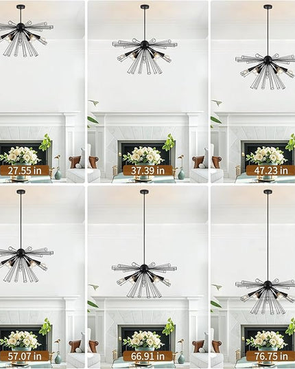 Modern 6-Light Sputnik Black Chandelier, 32.3" Starburst Light Fixture, Modern Chandelier Light Fixtures for Dining Room, Living Room, Kitchen, Foyer, Height Adjustable