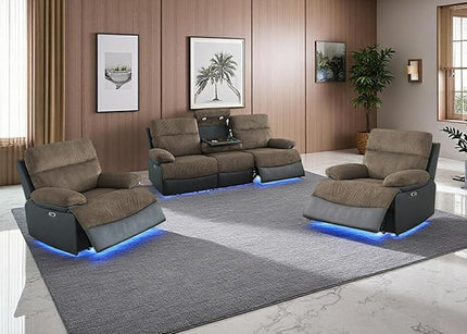 Living Room Furniture Sets, Power Recliner Sofa Set, Leather Sofa and 2 Chairs Set, Modern Power Reclining Sets with Cup Holder/Storage Console for House, Brown Grey