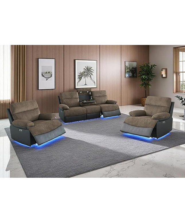 Living Room Furniture Sets, Power Recliner Sofa Set, Leather Sofa and 2 Chairs Set, Modern Power Reclining Sets with Cup Holder/Storage Console for House, Brown Grey