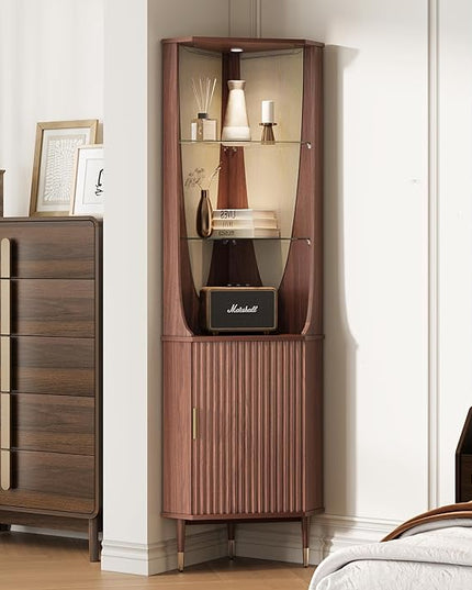 70" Tall Corner Cabinet,Mid Century Modern Cabinet with Doors,Fluted Corner Bar Cabinet with Glass Holder,Lights and Storage Shelves,Wine Bar Cabinet for Liquor, Living Room, Kitchen, Walnut