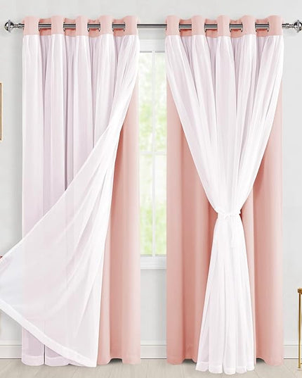 Hiasan Pink Blackout Curtains with Sheer Overlay Thermal Insulated Mix & Match Double Layer Room Darkening Window Curtains for Bedroom Living Room Nursery 2 Panels with Tiebacks (60W X 84L,Blush Pink)