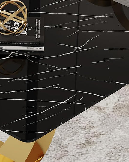 63” Dining Room Table Set for 6,Modern Gold Dining Table Set for 6, Rectangle kitchen Table Set With PU Leather Chairs,Black Faux Marble Dinner Table Set with Tempered Glass Top and Golden Base