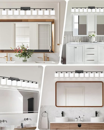 10 Light Black Vanity Lights for Giant Mirror, Bathroom Vanity Lights Over Mirror with Milky White Frosted Glass Shades,65 inch Bathroom Light Fixture for Mirrors, E26