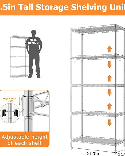 Storage Shelves,21.3" W x 11.8" D x 58.5" H Wire Shelving Unit Loads 550LBS,5-tier Adjustable Metal Utility Shelf,Garage Shelves with Liner and Hooks,Home Storage Rack for Kitchen,Laundry,Pantry