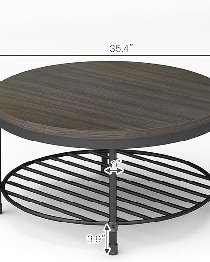 NSdirect 36" Round Coffee Table with Storage Shelf, Dark Grey Brown Vintage Wood Top & Metal Legs - 18.5" Height End Table for Small Spaces (Dark Grey Brown)