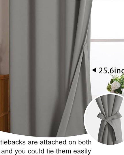 JIUZHEN Blackout Curtains with Tiebacks - Thermal Insulated, Light Blocking and Noise Reducing Grommet Curtain Drapes for Bedroom and Living Room, Set of 2 Panels, 42 x 63 Inch Length, Light Grey