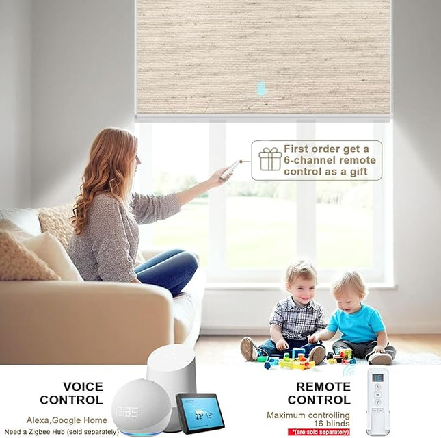 Motorized Blinds with Remote Smart Blackout Shades Electric Curtains Automatic Roller Blinds Shades for Indoor Windows Cordless with Alexa Google Home(Blackout Soft Dune Linen,W22x H62)