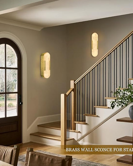 Alabaster Wall Sconce, 13.8" Natural Marble Wall Sconce, Brass Alabaster Sconces Set of Two, Indoor Modern Bathroom Sconces Wall Lighting for Living Room, Bedroom, Hallway, Stairs