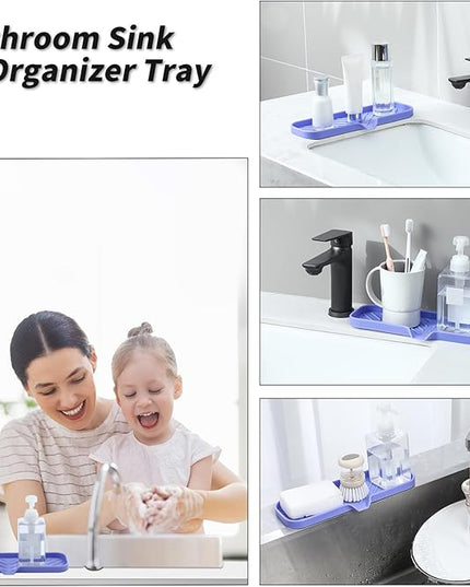 Silicone Bathroom Soap Dishes with Drain Spout-Bathroom and Kitchen Sink Organizer,Sponge Holder,Dish Soap Tray,Perfect for Dispenser,Scrubber,Bottle on Sink or Counter-Light Purple 12"×4"