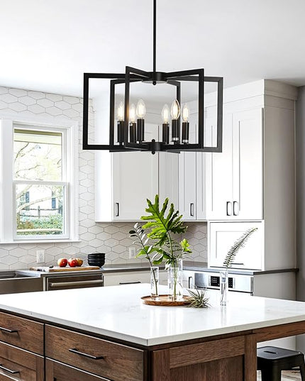 6-Light Black Chandelier, Modern Geometric Dining Room Light Fixture, 21 Inch Industrial Metal Chandelier for Farmhouse Living Room Entryway Kitchen