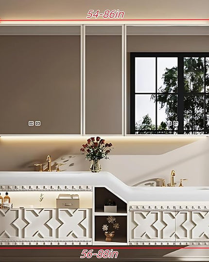 56IN Floating Bathroom Vanity with Sink, Double Sink Bathroom Vanities Set, with LED Smart Defog Mirror Cabinet | Equipped with Basins of Different Heights & 2 Drawers (White)