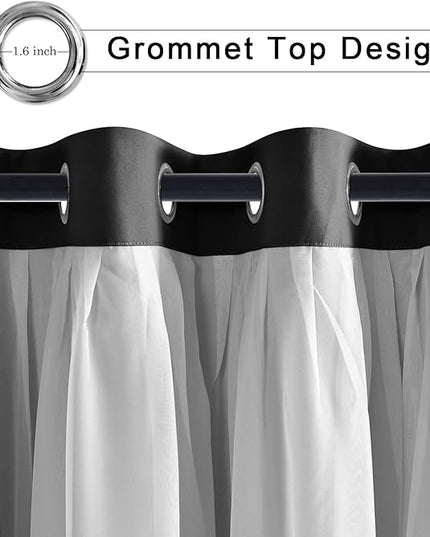 Hiasan Black Blackout Curtains with Sheer Overlay, Grommet Thermal Insulated Mix & Match Double Layer Window Curtains for Bedroom, Living Room, 2 Drape Panels Sewn with Tiebacks, 70W X 84L