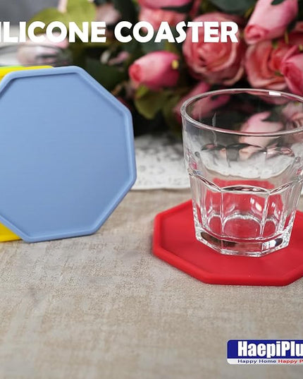 6 Pieces Silicone Coasters, Octagon Shape Hot Cup Mat for Drinks, Heat Resistant Glass Cushion, Coffee Coaster for Table, Desk, Kitchen, Office, Bar Protection (Red)
