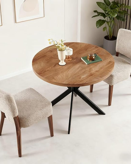Small 37" Round Dining Table Set for 2, Mid Century Modern Circle Coffee Set, 2 Upholstered Stackable Dining Room Chairs for Apartment, Space Saving, Wood Grain&Light Brown