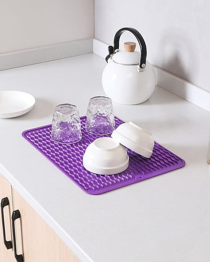 Silicone Dish Drying Mat for Multiple Usage,Easy clean,Eco-friendly,Heat-resistant Silicone Mat for Kitchen Counter or Sink,Refrigerator or drawer liner Purple L 16 inches x 12 inches
