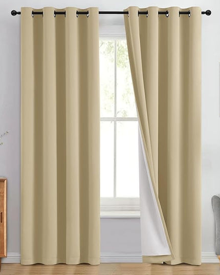 Yakamok 100% Blackout Curtain Panels 96 inches Cold and Light Blocking Drapes for Nursery, 2 Thick Layers Thermal Insulated Draperies (2 Pieces, 50 Wide Each Panel, Beige Front with White Backing)