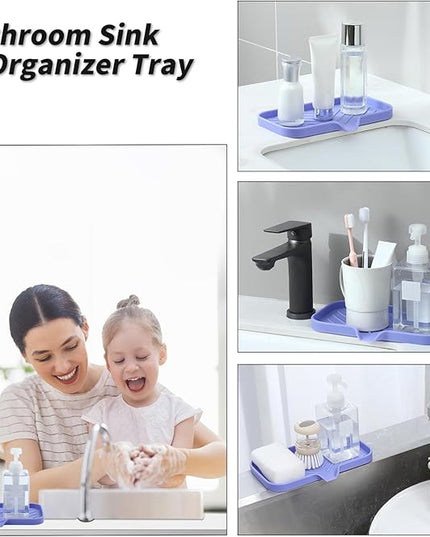 Silicone Bathroom Soap Dishes with Drain Spout-Bathroom and Kitchen Sink Organizer,Sponge Holder,Dish Soap Tray,Perfect for Dispenser,Scrubber,Bottle on Sink or Counter-Light Purple 9.6"×5.3"