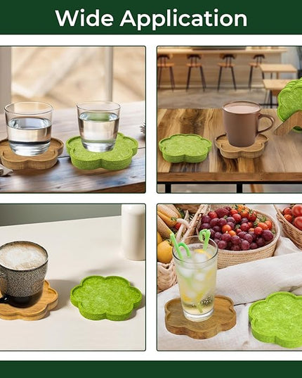 Coasters Set of 8, 3-Inch Flower Coasters with 2 Wooden Holders 4 Wooden and 4 Felt Pads, Heat-Resistant Drink Coasters for Mugs, Wine Glasses (8 Pcs Total)