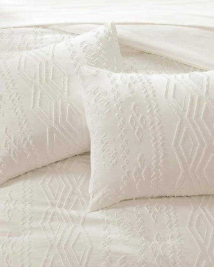 Queen Comforter Set White, Tufted Boho Bedding Farmhouse Bed Set, All Season 7 Pieces Bed in a Bag with Sheets, Pillowcases & Shams