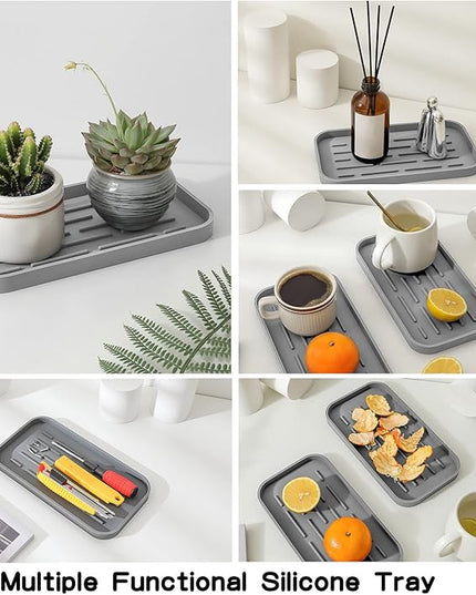 Silicone Kitchen Sink Organizer Tray for Multiple Usage,Eco-Friendly Sponges Holder for Kitchen Bathroom Counter or Sink,Dish Soap Dispenser,Scrubber,Bottle,Cup (Grey, 10"×5.3")