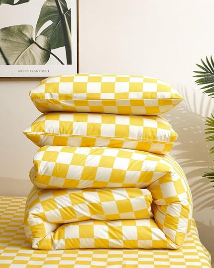 Houseri Plaid Comforter Set - Full Size Yellow Grid Bedding - Teen Girls Preppy Dorm Bedding