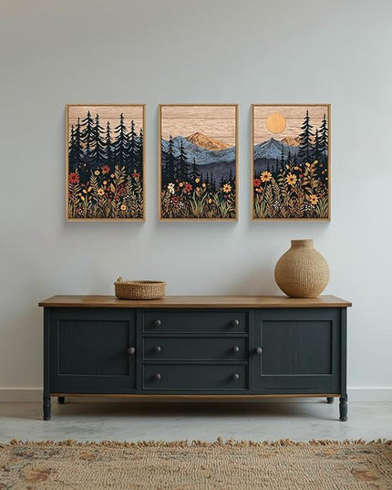 Houria Mid Century Woodland Mountain Framed Canvas Wall Art Set,Vintage Natural Sunset Wildflower Forest Field Decor,Wilderness Boho Floral Pine Tree Landscape Artwork for Living Room,Office-24"x36"x3