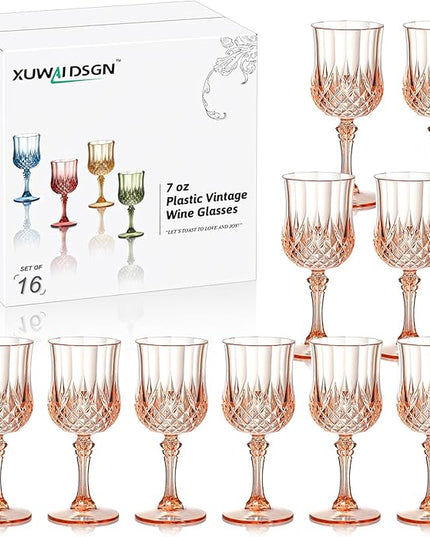 XUWAIDSGN 16 Pcs 7oz Plastic Vintage Wine Glasses Drinking Glasses Unbreakable Wedding Glassware Crystal Water Goblets Reusable Drinkware Vintage Champagne Flutes (16, Pink)