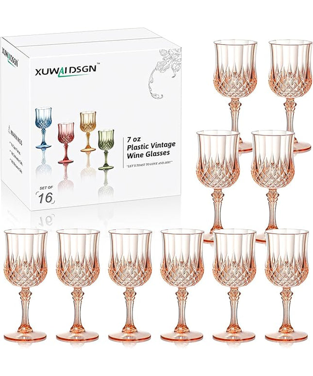 XUWAIDSGN 16 Pcs 7oz Plastic Vintage Wine Glasses Drinking Glasses Unbreakable Wedding Glassware Crystal Water Goblets Reusable Drinkware Vintage Champagne Flutes (16, Pink)