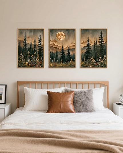 HOURIA Vintage Boho Nature Moonlight Forest Mountain Framed Canvas Wall Art Set,Wilderness Dark Moon Woodland Floral Decor,Retro Wildflower Field Landscape Artwork for Living Room,Farmhouse-24 x36 x3