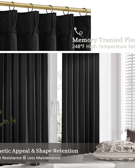 Black Linen Short Pinch Pleated 45 inch Curtains for Windows Over Sink, Light Filtering Vintage Curtain Semi Sheer Privacy for Kitchen Cafe Small Window Back Tab Drape Home Decor 2 Panels Set
