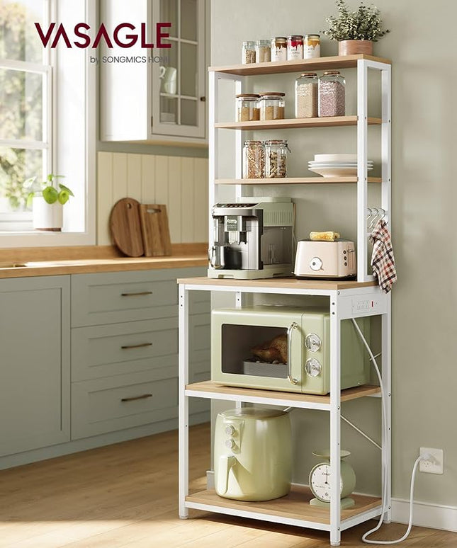 VASAGLE Bakers Rack with Power Outlet, 23.6 Inches Coffee Bar for Kitchen with Storage, 6-Tier Kitchen Shelves with 6 Hooks, Microwave Stand, Industrial, Golden Oak and Cloud White UKKS124Y03