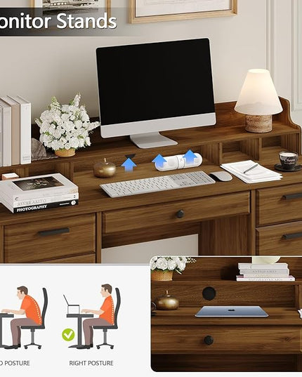 Executive Desk with File Drawers,Computer Desk with Storage,58 Inch Home Office Desk with Storage Cabinet for Bedroom, Rustic Brown
