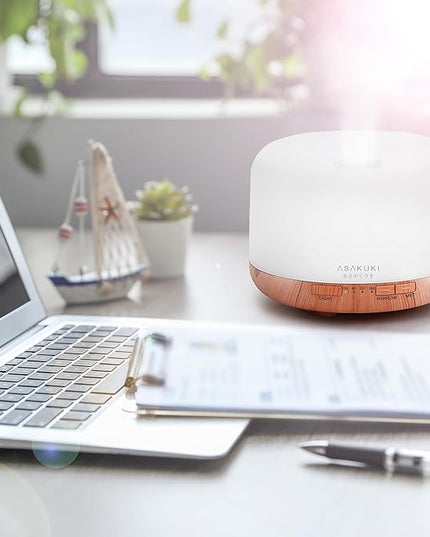 ASAKUKI Oil Diffuser with Essential Oils Set, 500ml Aromatherapy Humidifier with 14 LED Colors & Auto Shut-Off - 6 Oil Gift Pack(Lavender Eucalyptus Tea Tree Orange Peppermint Lemongrass)