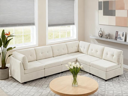 VANOMi 6 Seater Sectional Couches for Living Room, 118" Convertible Modular Cloud Sofa, Comfy Chenille Sofas & Couches for Living Room, Apartment, Office, White, L/U Shaped