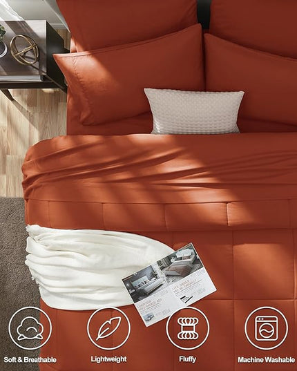 CozyLux Queen Comforter Set Terracotta, 7 Pieces Bed in a Bag, Burnt Orange Fall Comforter Queen Size, All Season Bedding Sets with Stitch Quilted Comforter, Flat Sheet, Fitted Sheet, Pillowcases