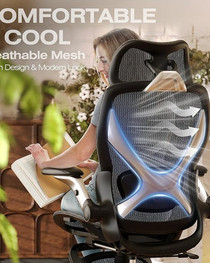 ELABEST X100 Ergonomic Office Chair with Footrest, Big and Tall Home Desk Chair with 5D Flip-Up Arms, Adjustable 3D Lumbar Support,High Back Rolling Computer Chair, Swivel Mesh Chairs (Midnight Mist)